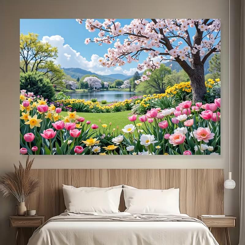 2D Blooming Spring Garden Backdrop Photography Background Banner