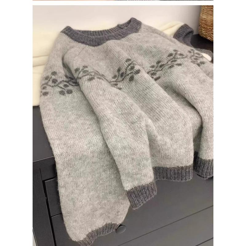 

New grade lazy style retro color matching soft waxy sweater women s autumn and winter pullover knitted sweater crew neck top XL