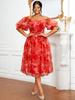 AOMEI Red Floral Off Shoulder Puff Sleeve Dress A Line Elegant Plus Size Ball Gowns Dresses for Ladies