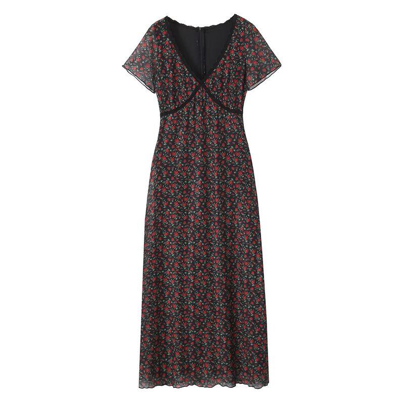 

Kaslead New Arrival Women s Clothing Fashion Style Fashion Rose Printed V-neck Silm Waist-Tight Long Dress Flower color L