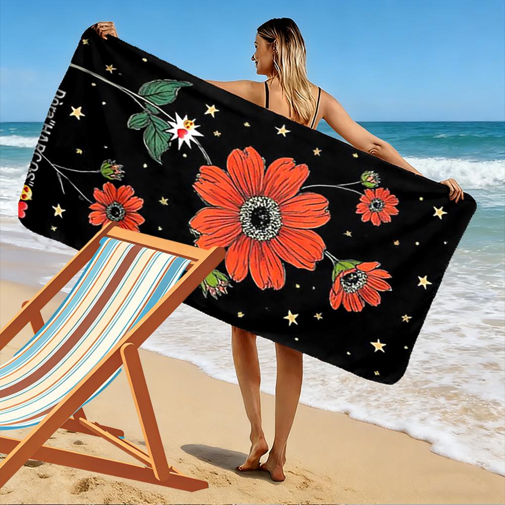 Red Flowers and Stars Pattern Beach Towel Beach Towel Quick-drying for Travel Outdoor Sports Jogging Beach and Swimming