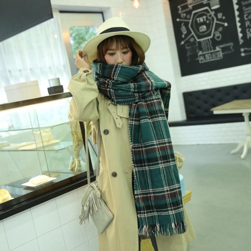 Plaid scarf women's autumn and winter versatile imitation cashmere thickened warm fringed scarf shawl