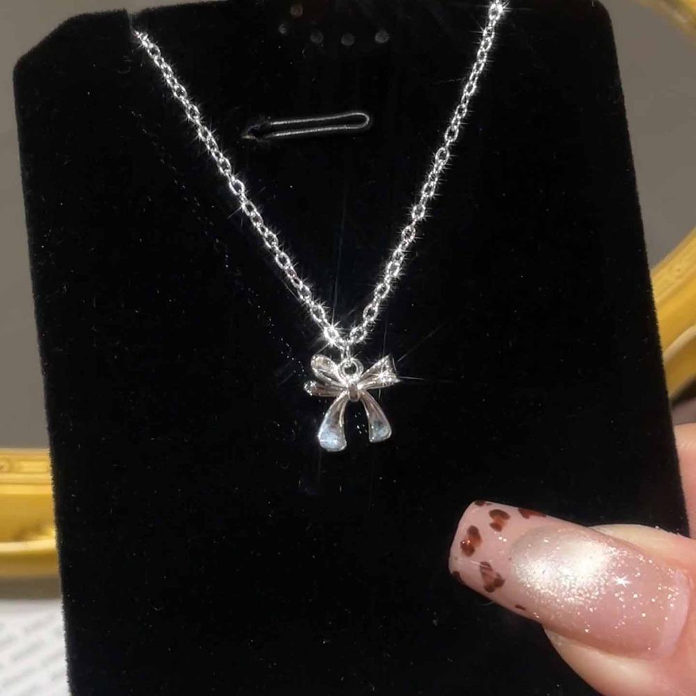 Korean Simple Sterling Silver Bowknot Pendant Necklace for Women Sweet Collar Chain Valentine's Day Gift Jewelry Accessories