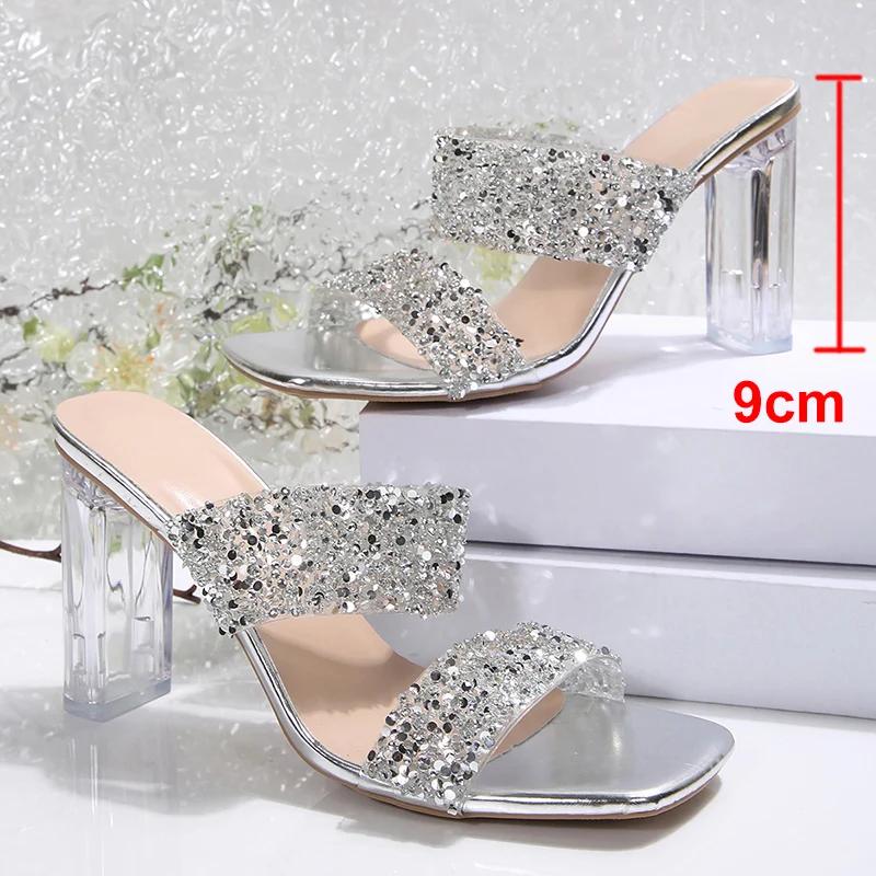 

Модные блестящие сандалии на высоком каблуке с пайетками, женские модные золотые серебристые туфли для вечеринки, женские летние сандалии с квадратным носком и прозрачным каблуком 42 серебряный