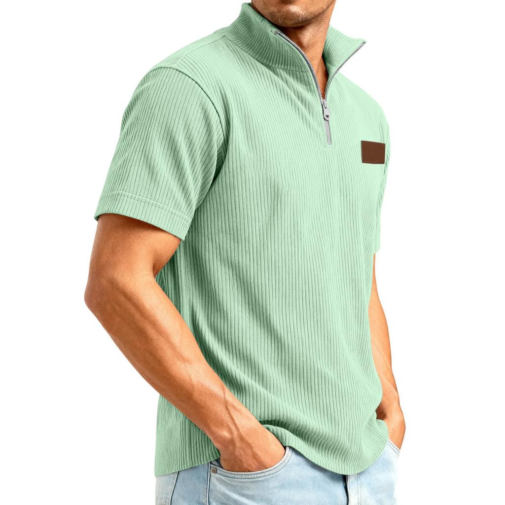 Men's 1/4 Zip Corduroy Short Sleeve Top | Loose Fit Fashion Casual Pullover For Daily Wear