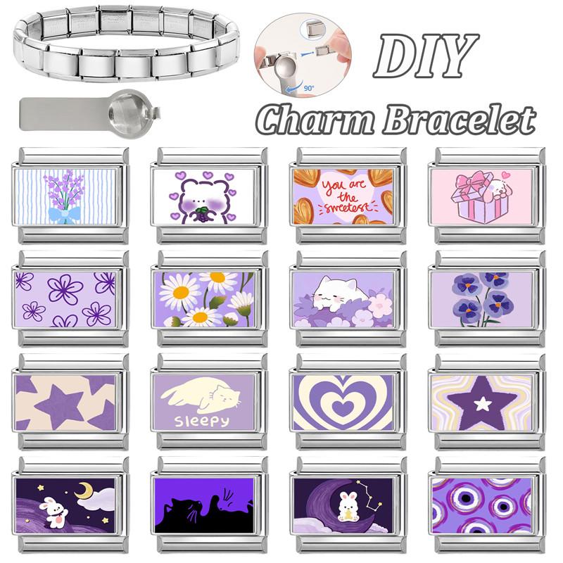 Fashion Purple Charm Heart Cat Rabbit Star Flower Eyes Moon Italian Charm Links Fit 9mm Stainless Steel Bracelet DIY Making Gift
