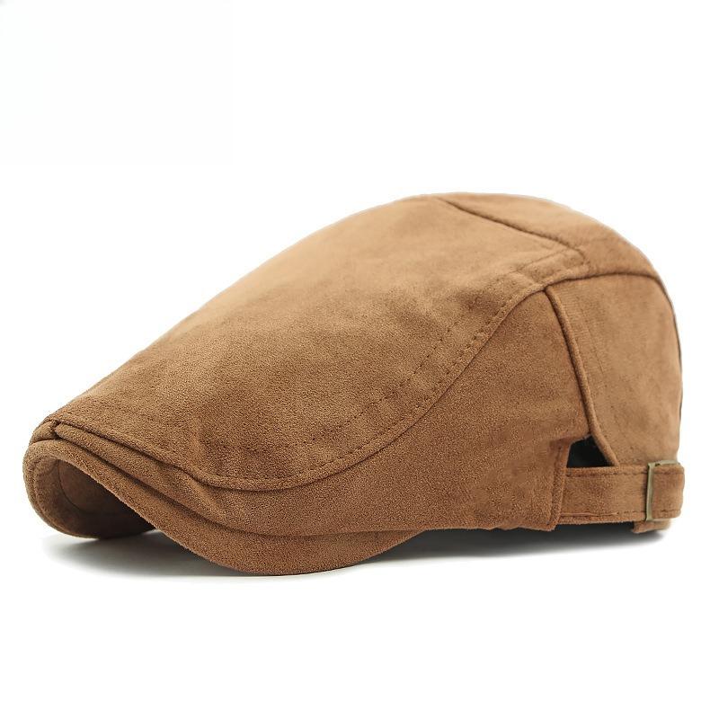 Unisex Retro Faux Suede Flat Cap British Style Solid Color Ivy Hat Adjustable Cabbie Driving Cap