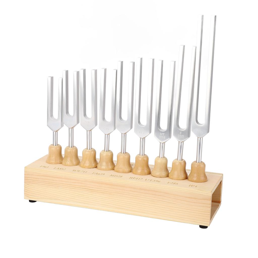 9 Pcs Tuning Fork Set 174 285 396 417 528 639 741 852 963Hz Tuning Fork Sound Healing Tool with Hammer and Wood Base