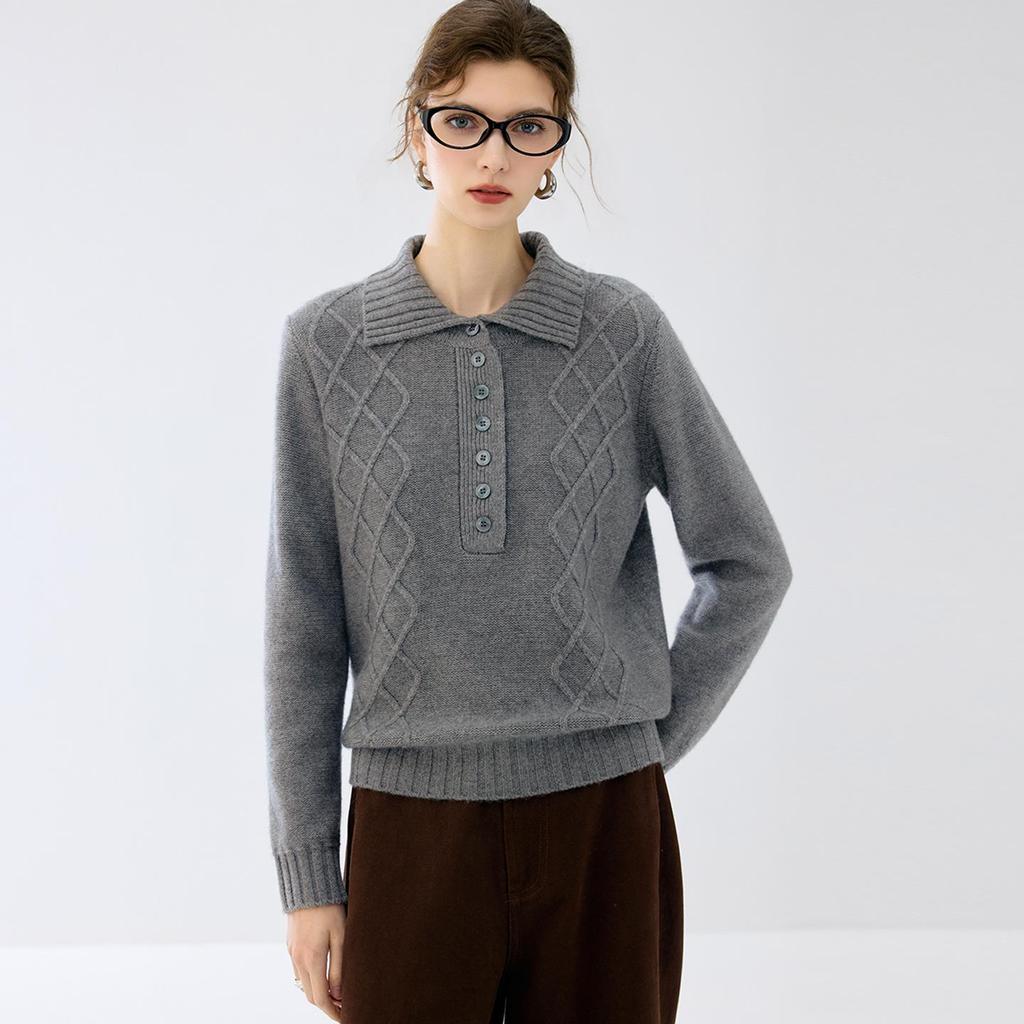 Cashmere Cable Knit Polo Collar Loose Long-Sleeve Sweater for Autumn/Winter