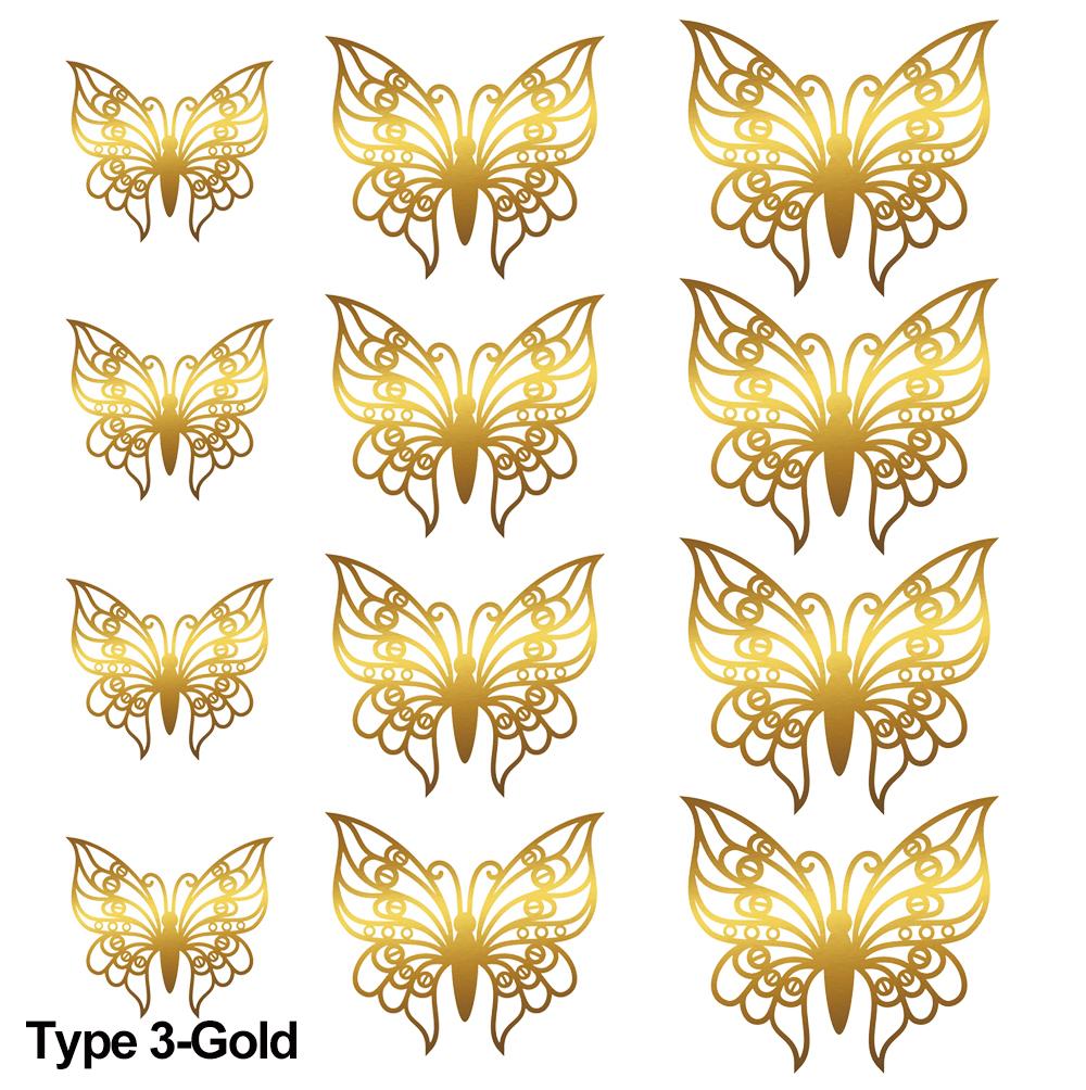 12Pcs/Pack 3D Hollow Out Butterfly Stickers Gold/Silver/Rosegold Mirror Decals Metal Texture Wall Art Wedding Party Supplies