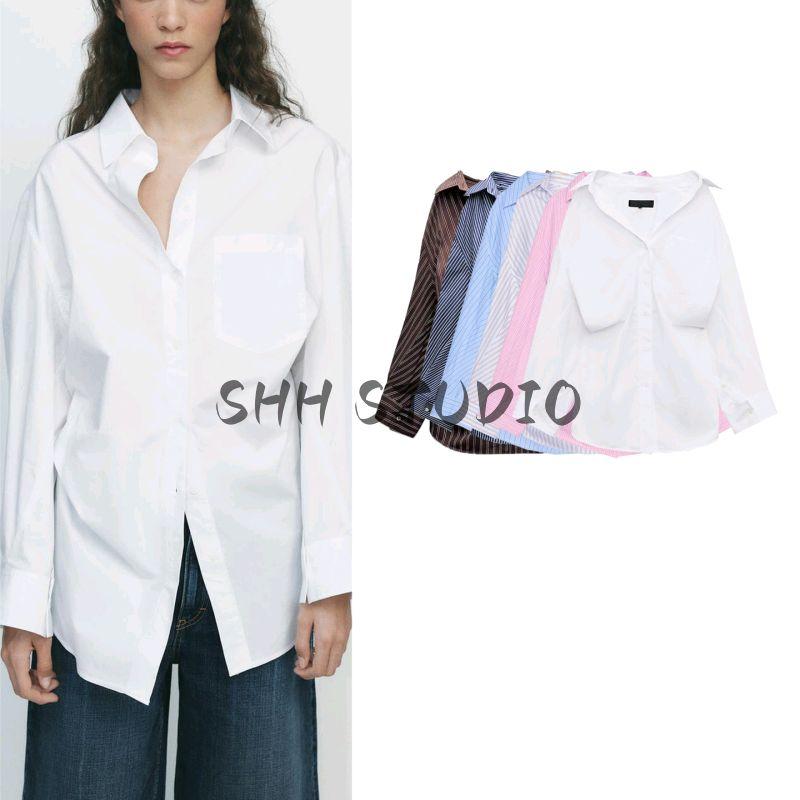 Summer New Product Women's Clothes Stripes Loose Poplin Long Sleeves Shirt 3520608 3067017 2020458