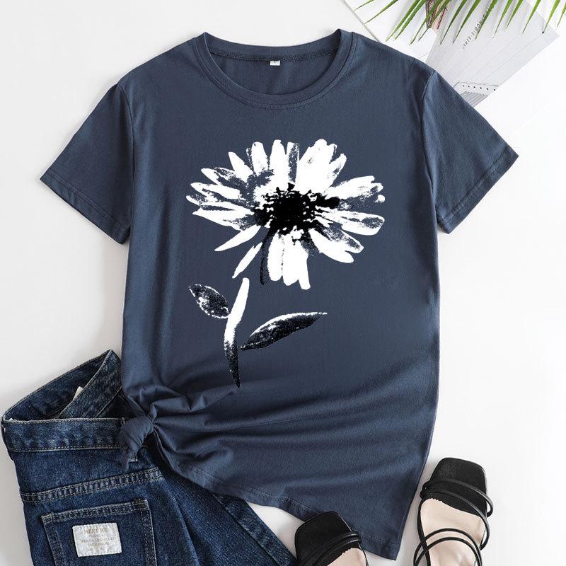 Summer Round Neck Floral Print Top Fashionable Casual Short Sleeved Women's Pure Cotton T-shirt