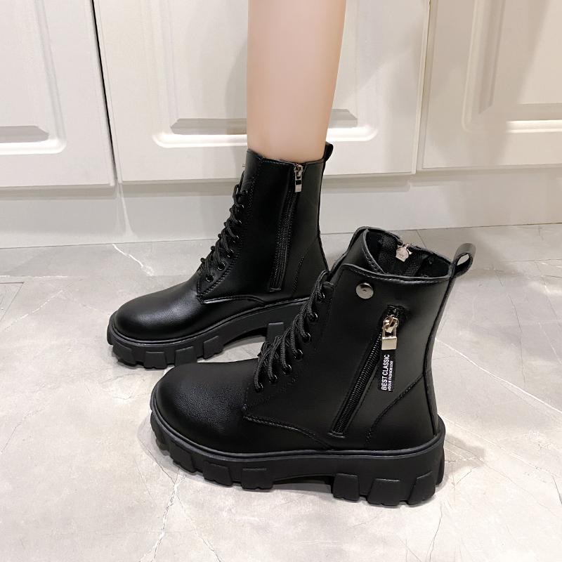 Fashion 2025 Boots Women  Autumn Winter PU Leather Ankle Boots Motorcycle Botines Female Chunky Heels Platform Boots Botas Mujer