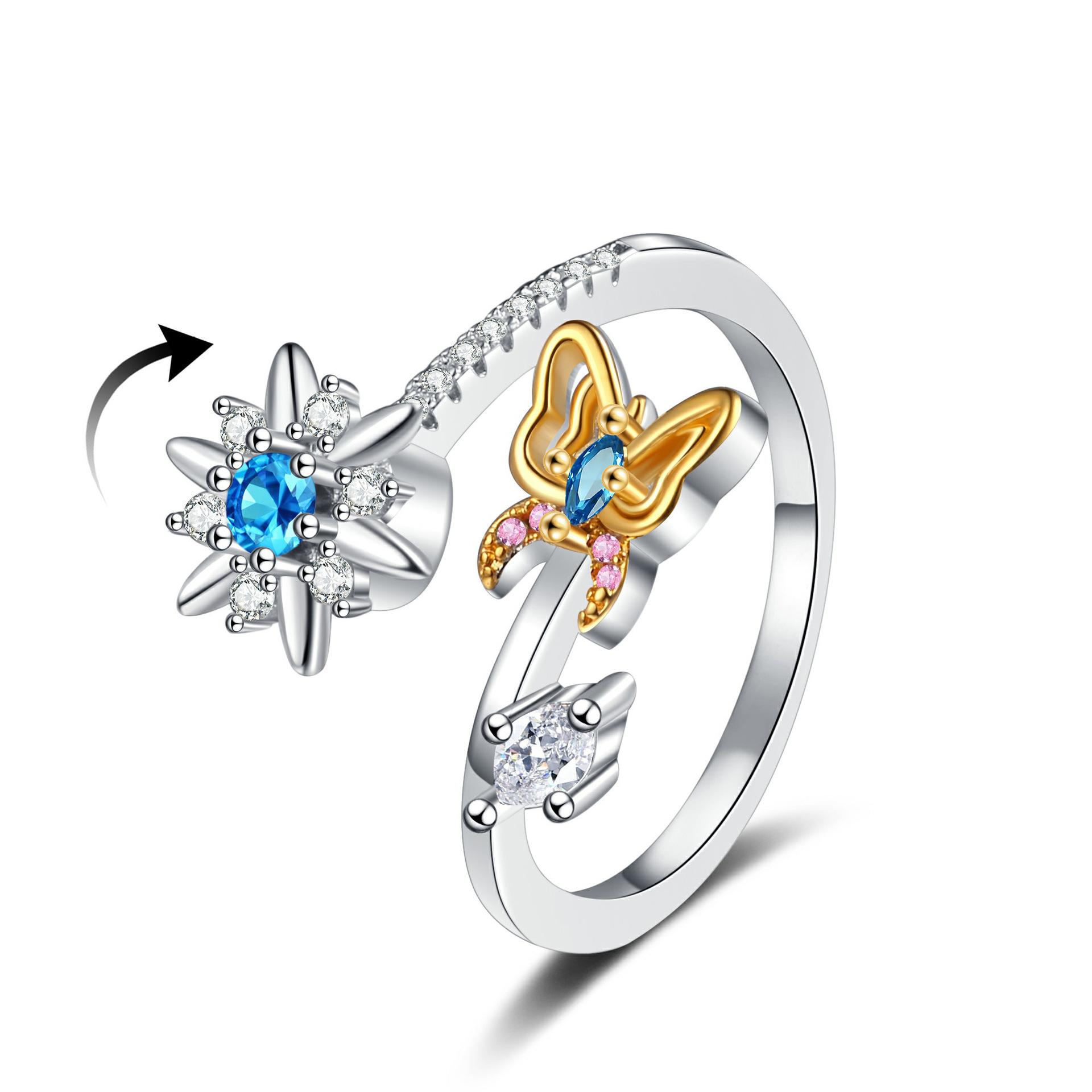 

2026 Octagram Rotating Ring Female, Fashionable Light Luxury Flower Inlaid Zircon Butterfly Ring Resizable