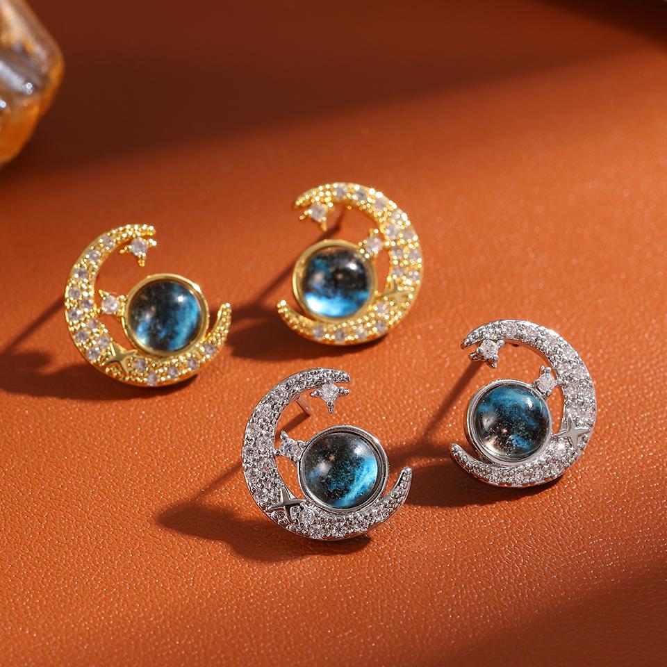 ZAKOL New Blue Planet Moon Astronaut Cubic Zirconia Stud Earrings for Women Fashion Party Zircon Ear Accessories Gift