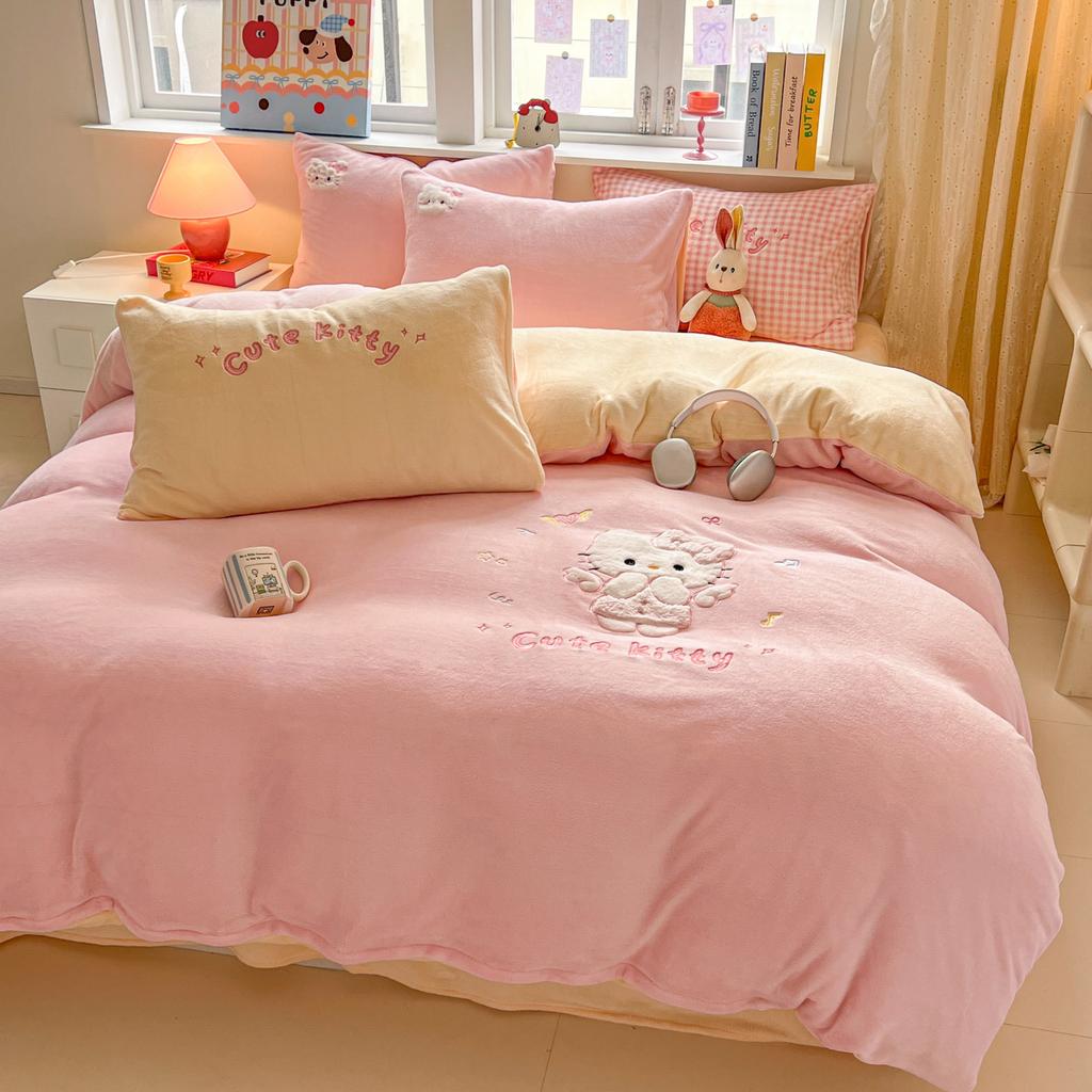 200G Fleece Thickened Milk Fleece Sticker Embroidered Four-Piece Warm And Anti-Static Bedding