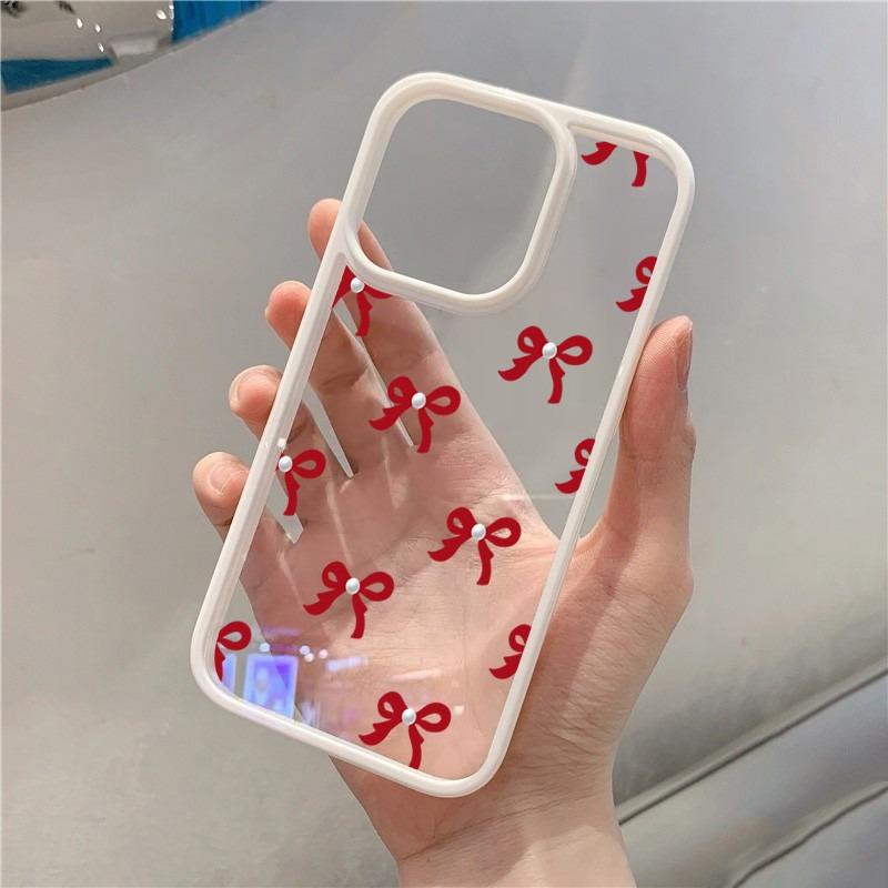 Fashionable Red Pink Bow Phone Case For iPhone 15 16 Pro Max Plus 16E 14 13 12 11 Pro Max XR X XS Max 7 8 Plus SE Clear Cover