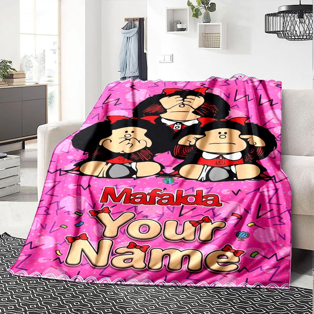 Name Custom Mafalda Cartoon Print Flannel Blanket High Quality Warm Comfortable Cover for All Seasons Perfect for Gifts Home Decor
