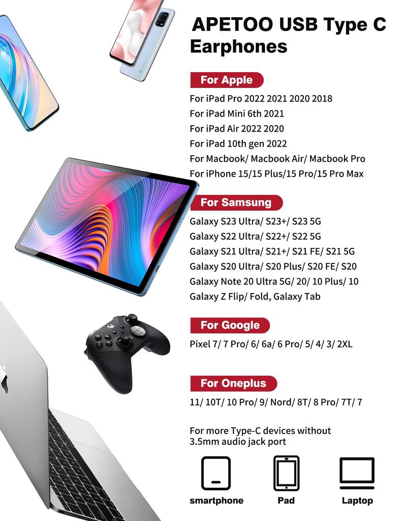 APETOO USB C Headphones for Galaxy S20 FE Galaxy S21 Ultra Earphones Type C Headphones HiFi Stereo Bass Noise Canceling USB C Earphones for Samsung