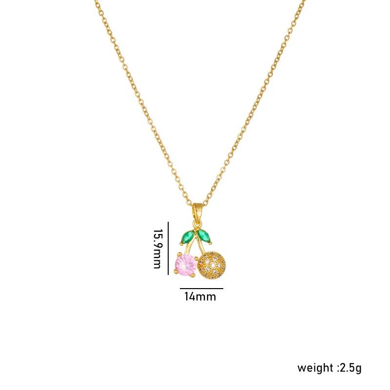 Colorful Zircon Cherry Pendant Necklaces for Women Girls Stainless Steel Trendy Romantic Jewelry Accessories Gifts