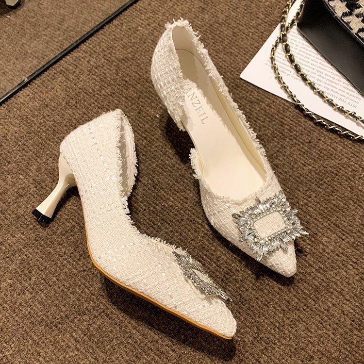 

Foreign trade high heels 2024 spring and autumn new small fragrant wind tweed pointed rhinestone square buckle fashion single shoes women 35