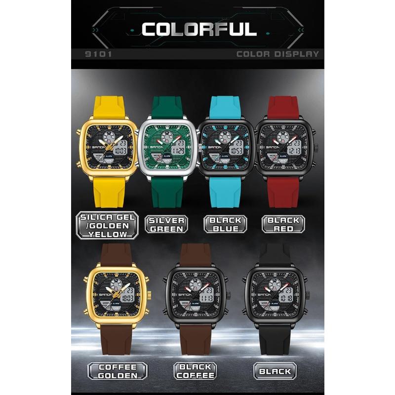 SANDA Retro Square Double Display Electronic Watch Night Light Waterproof Business Leisure Men's Watches Sports Silicone Strap Wristwatch