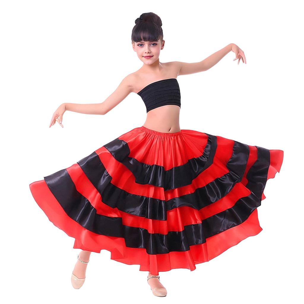 Girls Spanish Flamenco Tiered Ruffles Satin Wide Hem Skirt Performance Costume