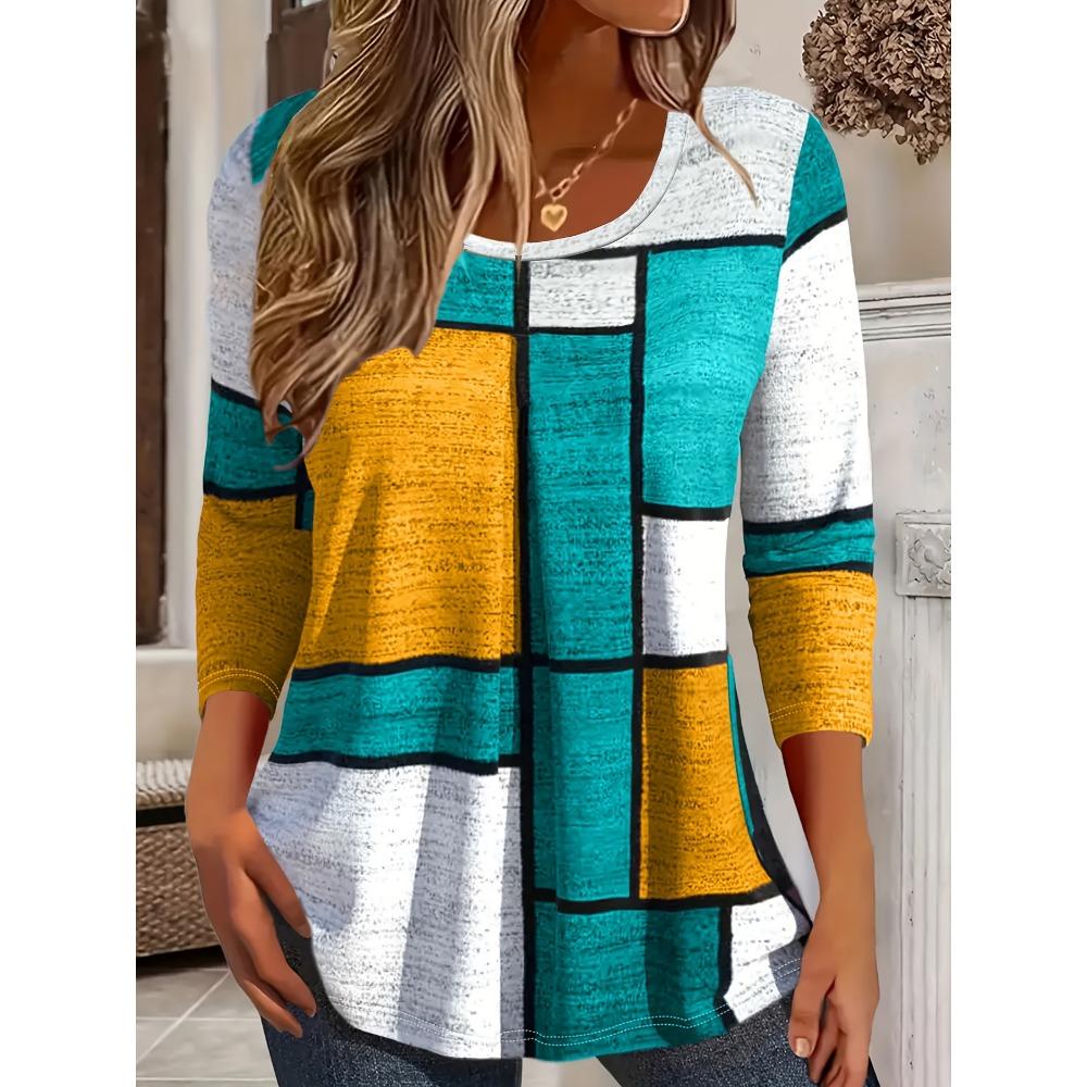 

Grid Geometric Pattern Color Block T-shirt Versatile Style for Spring and Summer Casual Long Sleeved Round Neck Elastic Top S