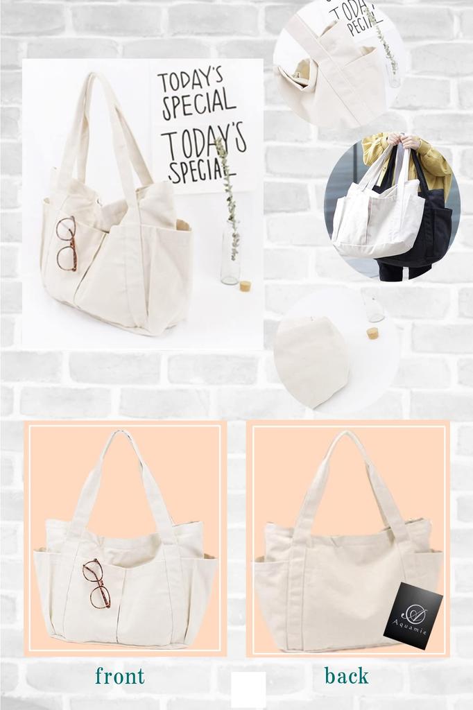 Aquamie Canvas Shoulder Tote Bag with Zipper, Large Capacity, Perfect for School or Commuting, Black