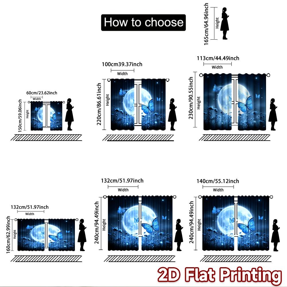 2D flat printing 2pcs Window Drapes Blue Butterflies Moonlit Meadow Digital Printed Polyester Drapes Family Party for Holiday