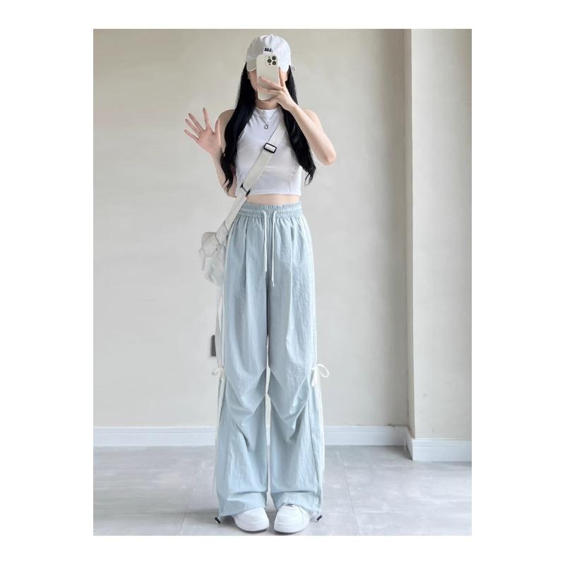 Blue Bow Work Pants for Women In Summer Thin High Waist Drooping Small Casual Sports Quick-drying Wide-leg Pants