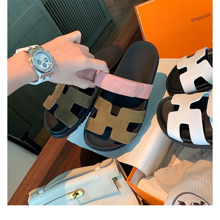 H Slippers Women's Leather Sandals with Thick Bottom New Summer Wear Velcro Soft Open Toe Flat Bottom Mop