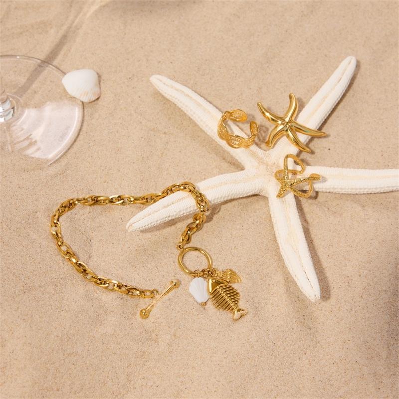 Elegant Shell Fishbone Conch Pendant Bracelet Adjustable OT Clasp For Beach Vacation Jewelry Gift Stainless Steel