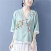 Women's Ethnic V-Neck Embroidered Cotton-Linen Cardigan Top and Mid-Sleeve Tea Dress