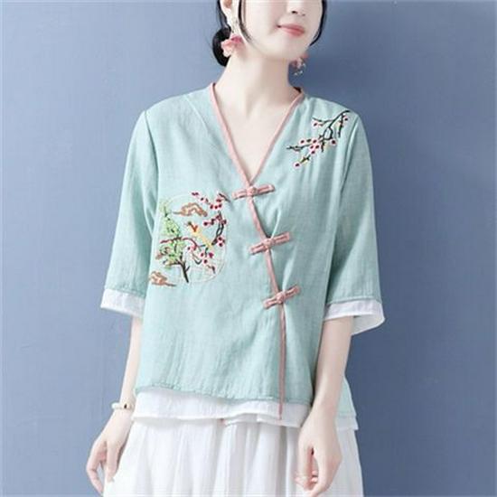 Women's Ethnic V-Neck Embroidered Cotton-Linen Cardigan Top and Mid-Sleeve Tea Dress