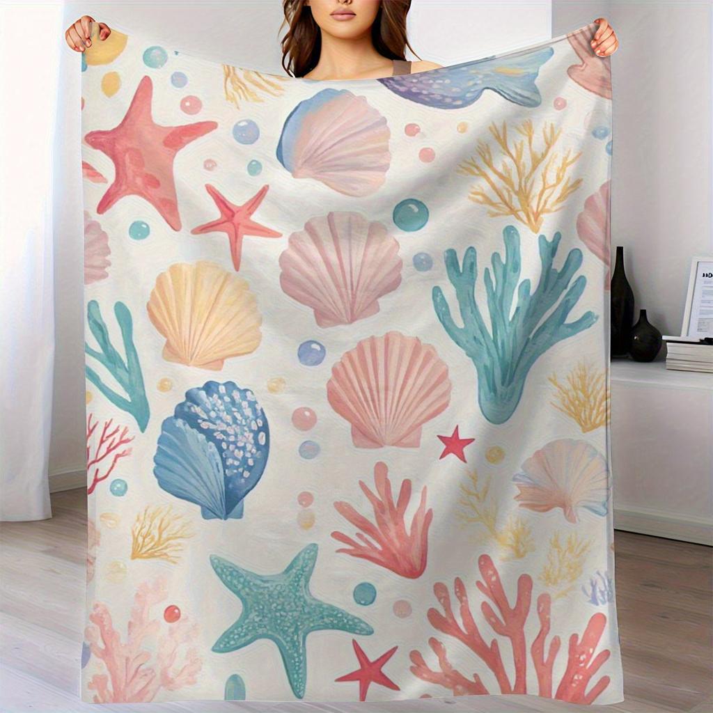 Sea Shell Starfish Coral Fleece Blanket Ocean Theme Design Soft Cozy Throw Beach Decor Gift for Kids and Women150x100