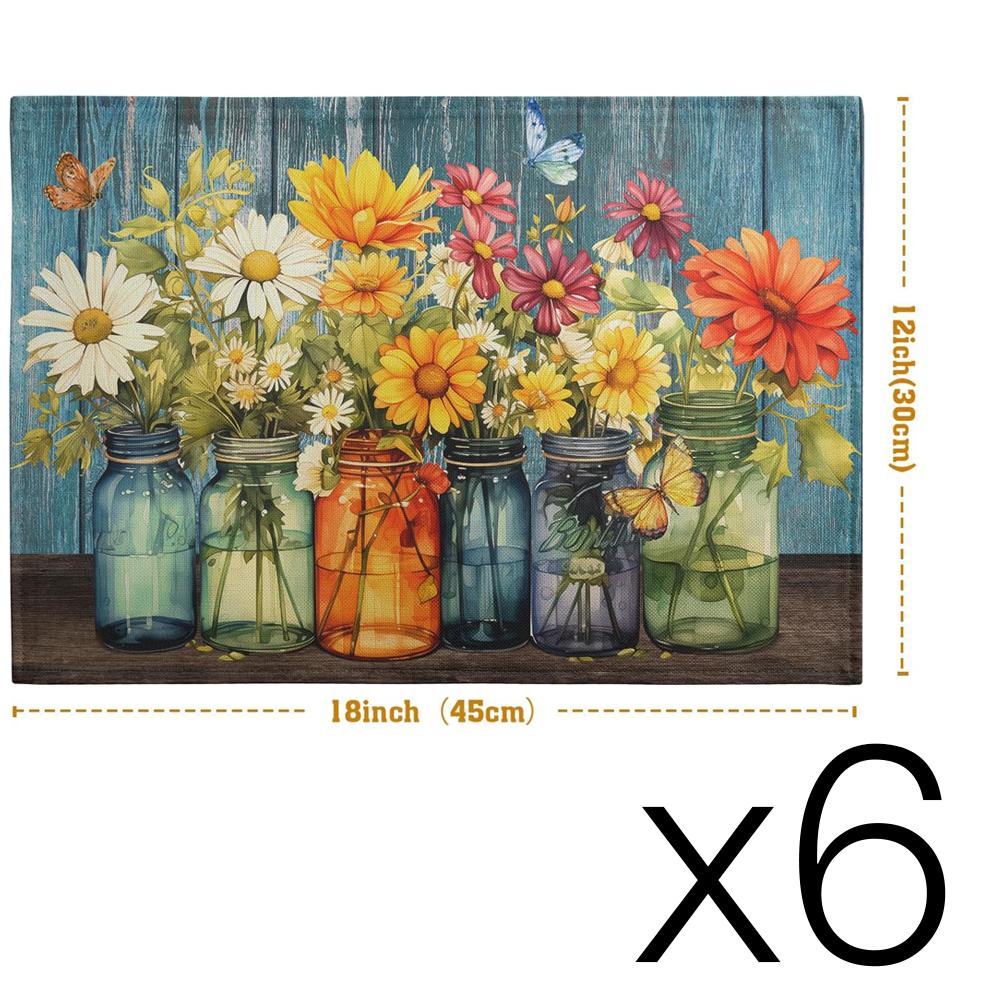 Rustic Daisy Placemats Vintage Flower Vases Wood Grain Linen Table Mats 30x45cm Summer Floral Wooden Board Farmhouse Washable