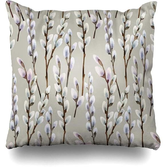 

Наволочка для декоративной подушки Квадратная наволочка 18x18 дюймов Ботаника Серый Котик Акварель Котик Верба Узор Весна Сережка Ива Природа Ветка Дерево Веточка Апрель