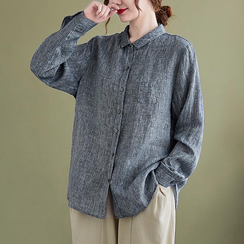 2026 Spring Retro Loose Fit Cotton Linen Lapel Shirt - Women's Plus Size, Long Sleeve