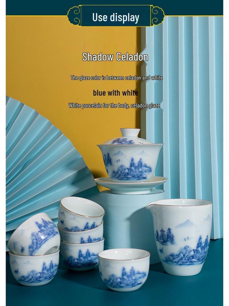 Celadon White Porcelain Tea Set with Gold Landscape: Complete Chinese Gaiwan Teapot and Teacup Set for Kung Fu Tea.