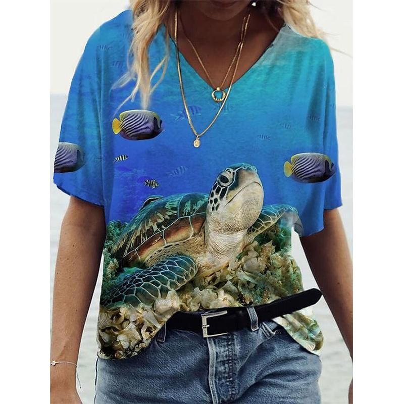 Summer Sea Turtle 3D Print T Shirt Women V-Neck Short Sleeve T-shirts Y2k Tops Harajuku Streetwear Oversized Tee Woman Clothing