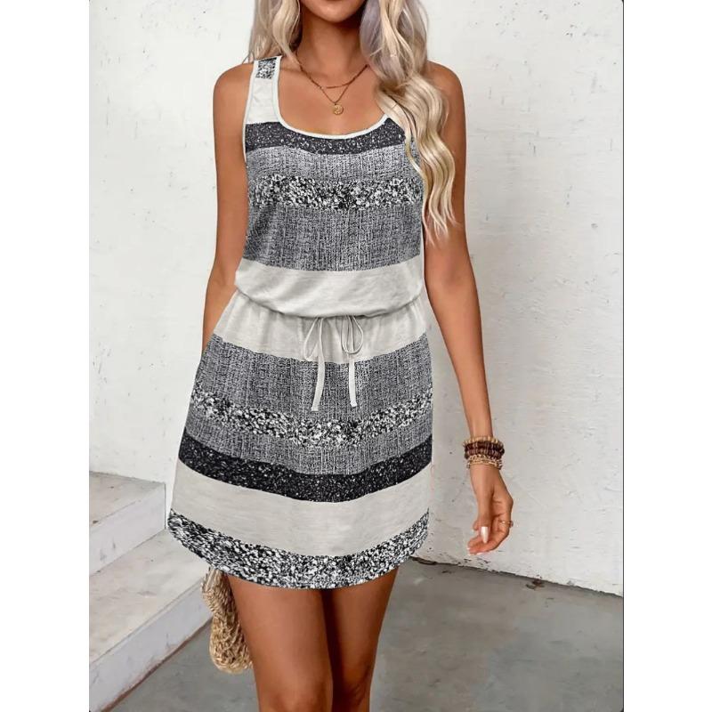 

JKASHDK Женская мода лето весна цвет блок принт без рукавов квадратный воротник высокая талия повседневные платья XXL серый