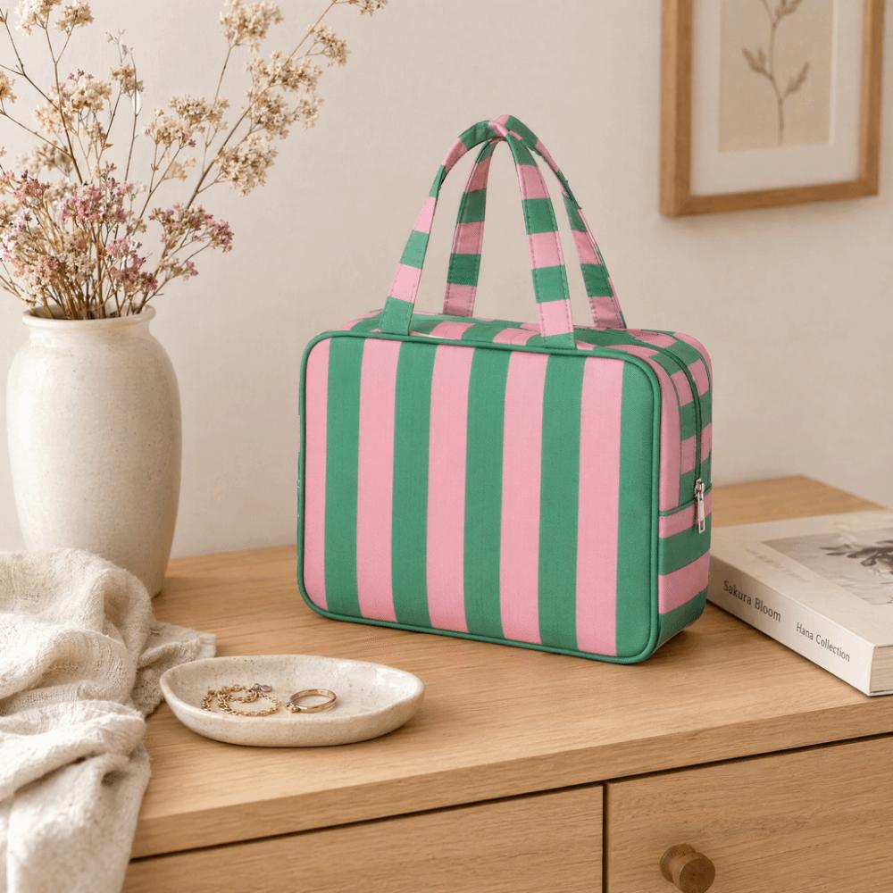 Large Capacity Striped Toiletry Storage Bag Multi Compartment Cosmetic Pouch  Weekend Getaway