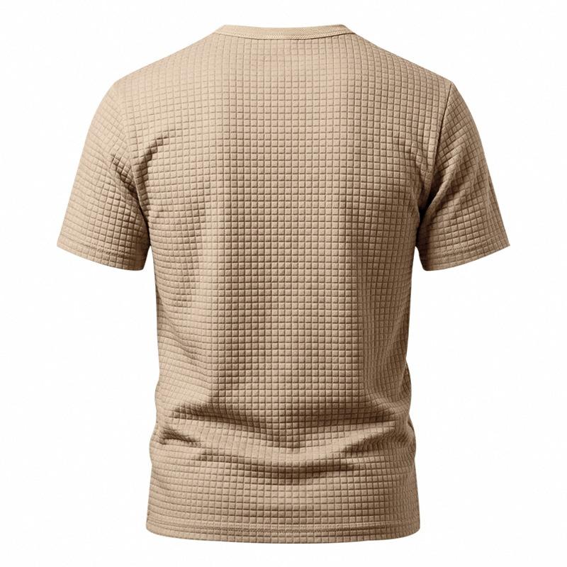 Men's Waffle Knit Henley T Shirts Short Sleeve Casual Solid Color Summer Basic Tee Tops