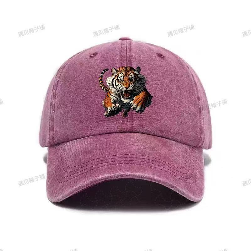 Fierce Tiger Face Graphic Baseball Cap Unisex Distressed Cotton Outdoor Casual Adjustable Hat