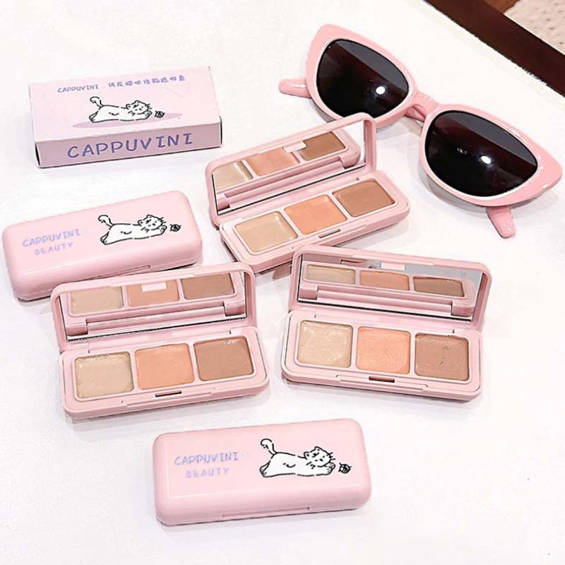 Cappuvini 3-Color Correcting Concealer Strip Palette Eye Brightening Concealer Contour Cream Full Coverage Oil-Control Makeup