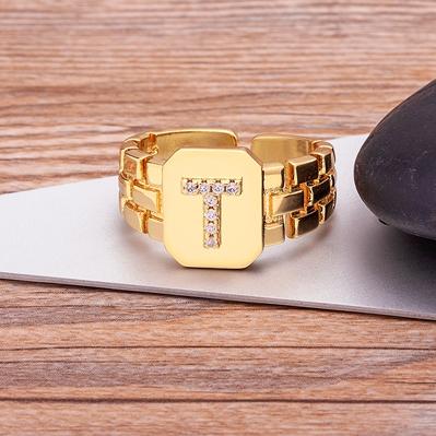 New Arrival Fashion Gold Color Initial Ring Open Design Adjustable Hot Sale Watchband Chain A-Z Letters Zircon Rings For Women