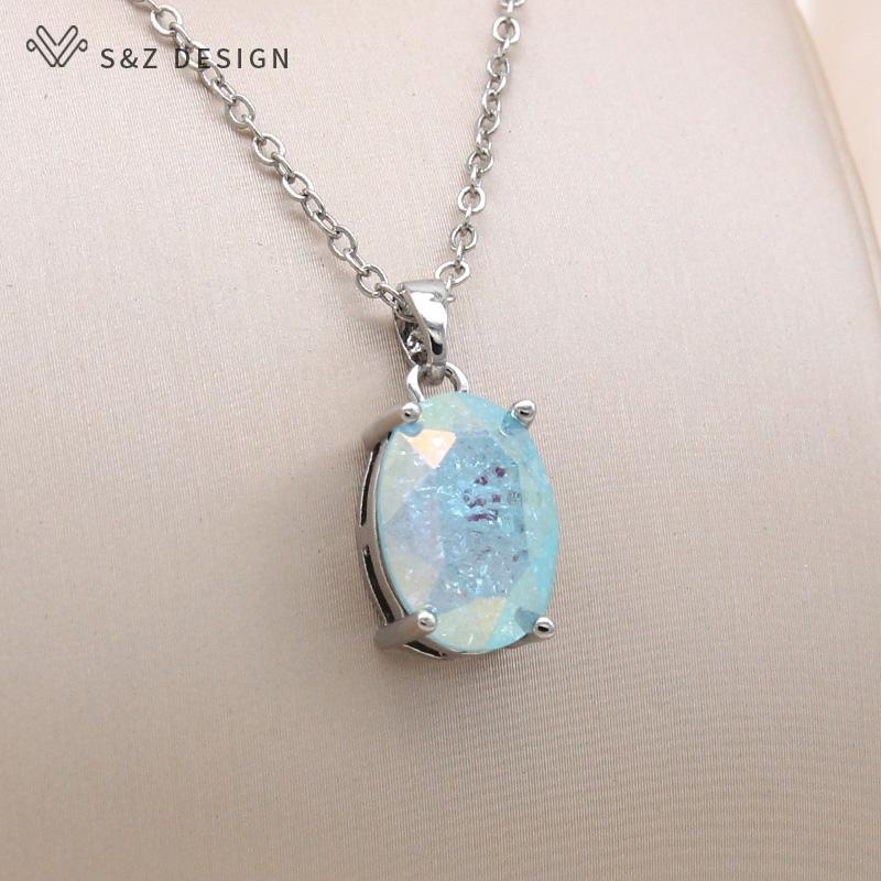 Fashion Ice Crack Egg Shape Oval Crystal Pendant Necklace For Women Elegant Party Rose Gold Color Jewelry