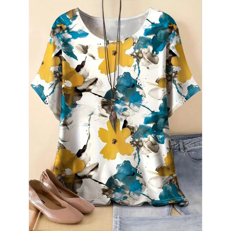 Summer women's new loose 3D printing round neck casual large size women's T-shirt