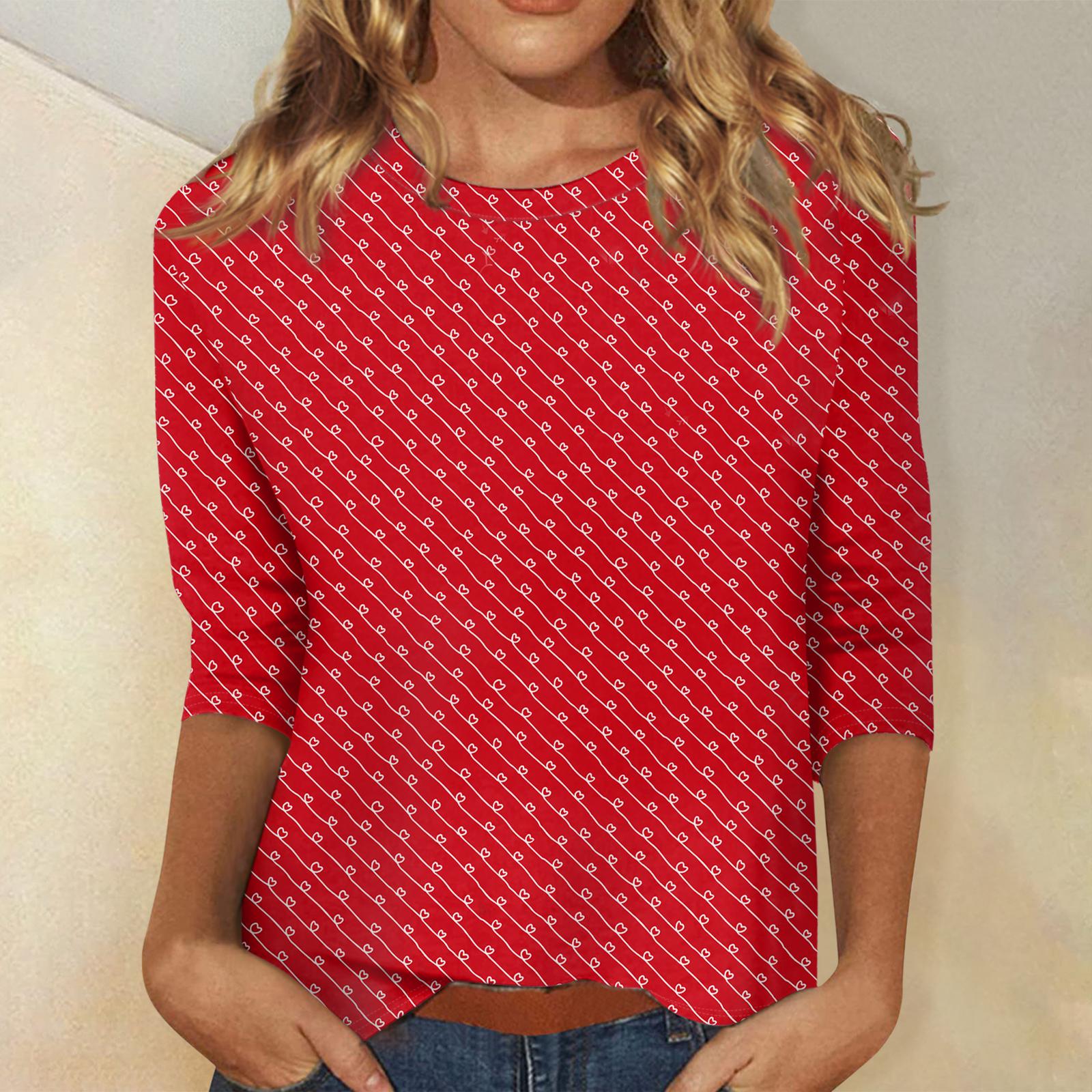 

Women s Tops Three-quarter Sleeve Valentine s Day Shirt Round Neck Loose Casual Shirt M рожевий